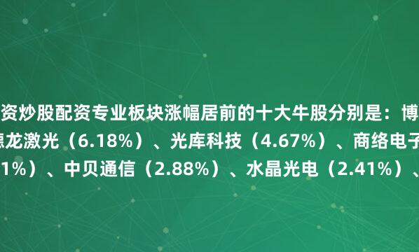 配资炒股配资专业板块涨幅居前的十大牛股分别是：博敏电子（9.98%）、德龙激光（6.18%）、光库科技（4.67%）、商络电子（3.95%）、（3.1%）、中贝通信（2.88%）、水晶光电（2.41%）、光迅科技（2.36%）、炬光科技（2.33%）、腾景科技（2.08%）、均胜电子（2.07%）、瑞丰光电（1.76%）、永新光学（1.57%）、万集科技（1.54%）、巨星科技（1.44%）、竞业